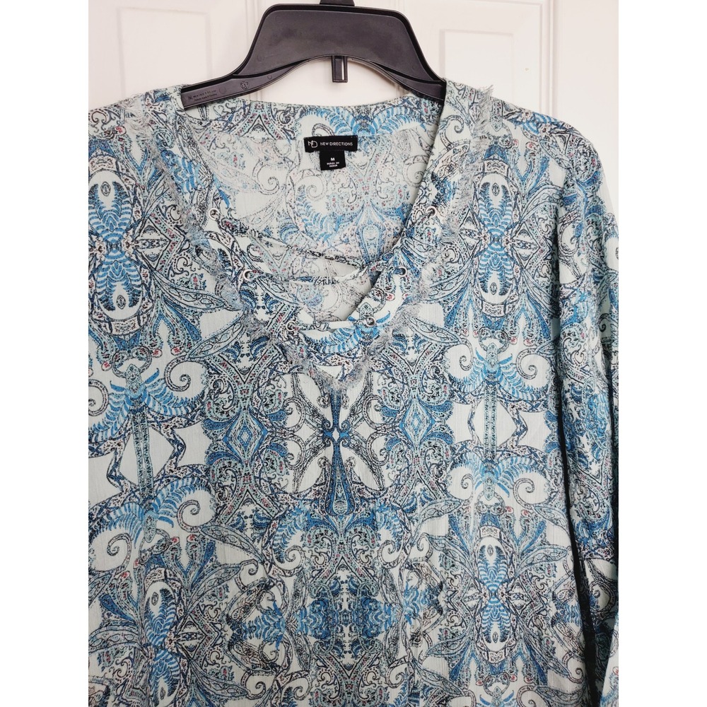 Casual Everyday Teal Aqua Paisley Festival Lace Up V-Neck Bell Sleeve Boho Top M